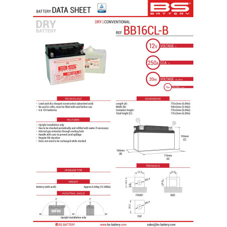 BS AKUMULATOR BB16CL-B (YB16CL-B) 12V 19AH 175X100X175 OBSŁUGOWY - ELEKTROLIT OSOBNO (250A) UE2019/1148 (2)