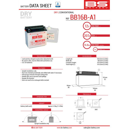 BS AKUMULATOR BB16B-A1 (YB16B-A1) 12V 16AH 160X90X161 OBSŁUGOWY - ELEKTROLIT OSOBNO (215A) UE2019/1148 (2)