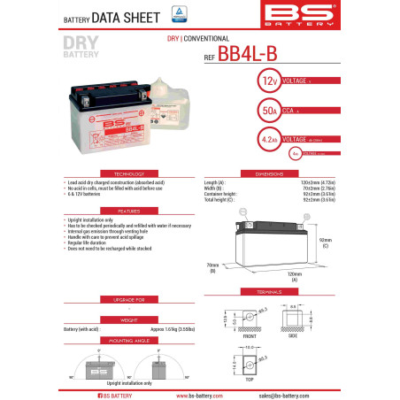 BS AKUMULATOR BB4L-B (YB4L-B) 12V 4AH 121X71X93 OBSŁUGOWY - ELEKTROLIT OSOBNO (56A) UE2019/1148 (8)