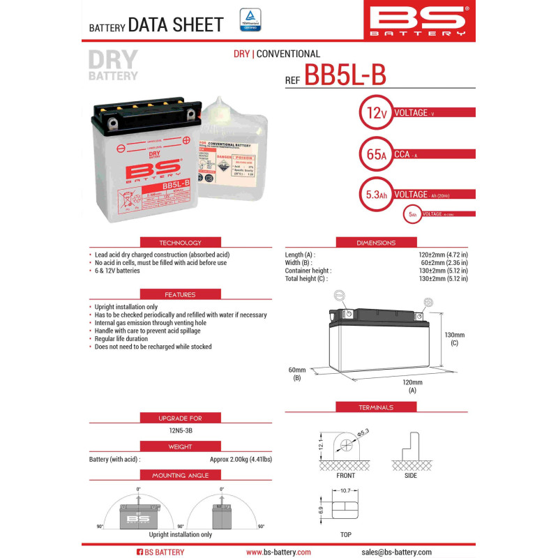 BS AKUMULATOR BB5L-B (YB5L-B) (12N5-3B) 12V 5AH 120X60X130 OBSŁUGOWY - ELEKTROLIT OSOBNO (65A) UE2019/1148 (6)