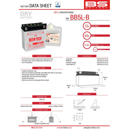BS AKUMULATOR BB5L-B (YB5L-B) (12N5-3B) 12V 5AH 120X60X130 OBSŁUGOWY - ELEKTROLIT OSOBNO (65A) UE2019/1148 (6)