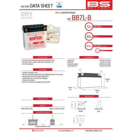 BS AKUMULATOR BB7L-B (YB7L-B) 12V 8AH 135X75X133 OBSŁUGOWY - ELEKTROLIT OSOBNO UE2019/1148 - ZASTĄPIONY PRZEZ 310595