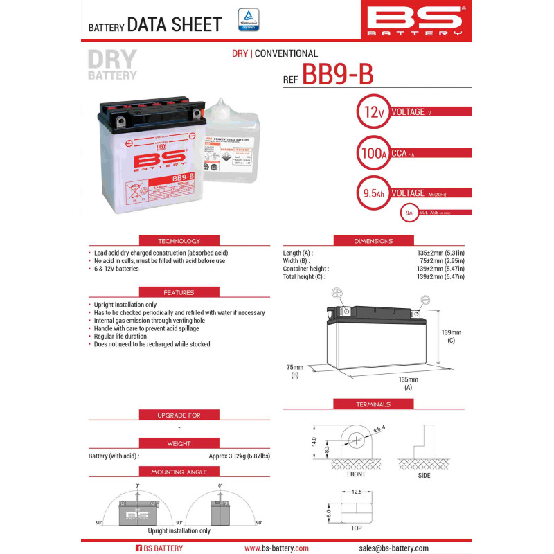 BS AKUMULATOR BB9-B (YB9-B) (12N9-4B-1) 12V 9AH 135X75X139 OBSŁUGOWY - ELEKTROLIT OSOBNO (115A) UE2019/1148 (4)