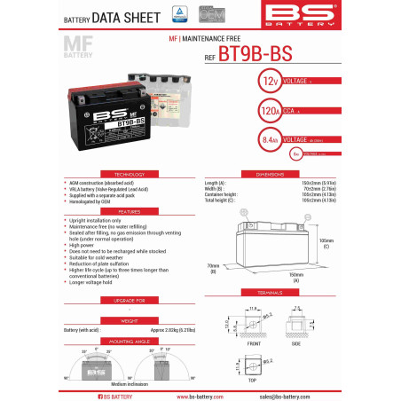 BS AKUMULATOR BT9B-BS (YT9B-BS) 12V 8AH 150X70X105 BEZOBSŁUGOWY - ELEKTROLIT OSOBNO (120A) UE2019/1148 (6)