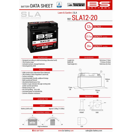 BS AKUMULATOR SLA12-20 (FA) (SLA12-18) 12V 20AH 182X77X168 BEZOBSŁUGOWY - ZALANY (180A) (4)