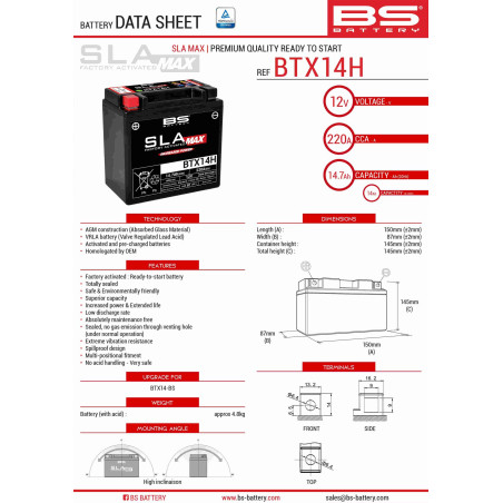 BS AKUMULATOR BTX14H MAX (FA) 12V 14AH 150X87X145 BEZOBSŁUGOWY - ZALANY (ZWIĘKSZONY PRĄD ROZRUCHOWY) - ZASTĘPUJE 300855