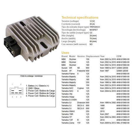 DZE REGULATOR NAPIĘCIA SUZUKI DR 650SE '96-'17; XF 650 FREEWIND '97; YAMAHA 125/150/180/250 MAJESTY '96-'10; XJ 600