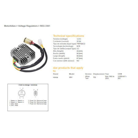 DZE REGULATOR NAPIĘCIA HONDA XRV 750 AFRICA TWIN '93-'03 (35A) (31600-MY1-003) (ESR672; RGU-125)