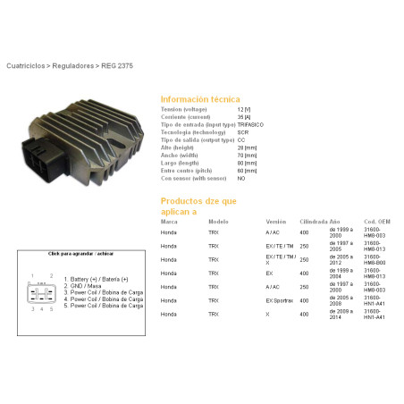 DZE REGULATOR NAPIĘCIA HONDA TRX 400EX SPORTRAX '99-'04; TRX 250 RECON '97-'11 (ESR585)