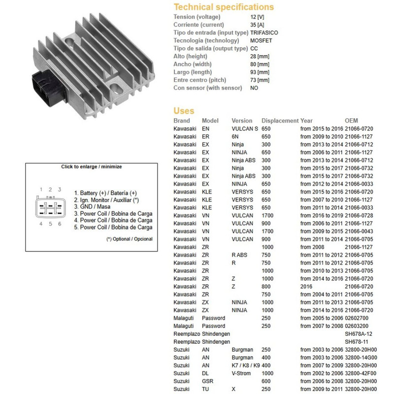 DZE REGULATOR NAPIĘCIA KAWASAKI EX 300/650 NINJA '06-'17; KLE 650 VERSYS '07-'16; VN 900/1700 '06-'19; ZR 750/800/1000