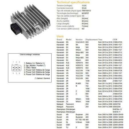 DZE REGULATOR NAPIĘCIA KAWASAKI EX 300/650 NINJA '06-'17; KLE 650 VERSYS '07-'16; VN 900/1700 '06-'19; ZR 750/800/1000