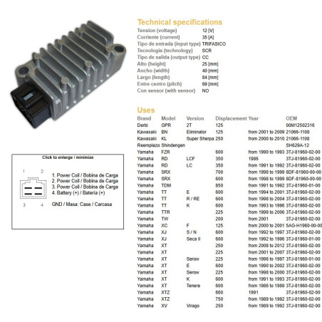 DZE REGULATOR NAPIĘCIA YAMAHA XT 225 SEROW '98-'03; XT 250 '08-'12; XT 600E/K '91-'02; XT 600Z TENERE '86-'89; XTZ 750
