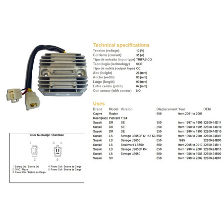 DZE REGULATOR NAPIĘCIA SUZUKI DR 250SE '90-'95; DR 350SE '90-'99; LS 650 SAVAGE '95-'12; SV 650 '99-'02; CAGIVA 650
