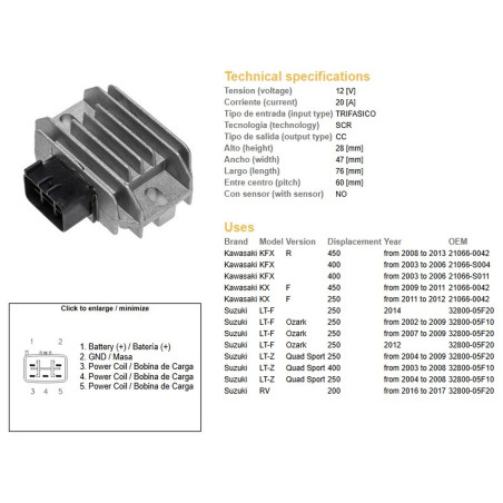 DZE REGULATOR NAPIĘCIA KAWASAKI KX 250F '11-'12; KX 450F '09-'11; KFX 400 '03-'06; KFX 450R '08-'13; SUZUKI LT-F 250