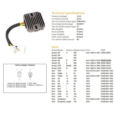 DZE REGULATOR NAPIĘCIA SUZUKI GSF 400 BANDIT '90-'94; GS 500E '89-'02; DR 650S '90-'91 (ESR170) (32800-33C00)