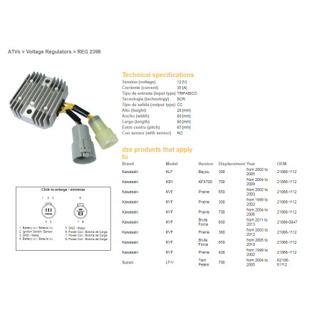 DZE REGULATOR NAPIĘCIA KAWASAKI KLF 300 BAYOU '02-'05; KVF 300 PRAIRIE '99-'02; KFV 650 BRUTE FORCE '05-'10; KFX 700
