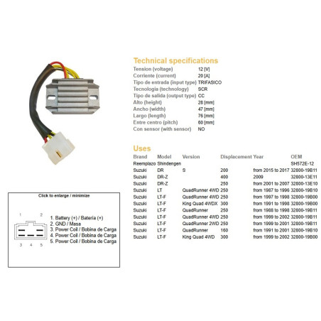 DZE REGULATOR NAPIĘCIA SUZUKI LT-F 160 '91-'01; LT-F 250 QUADRUNNER '87-'98; LT-F 300 'KING QUAD '91-'98; DR-Z 250