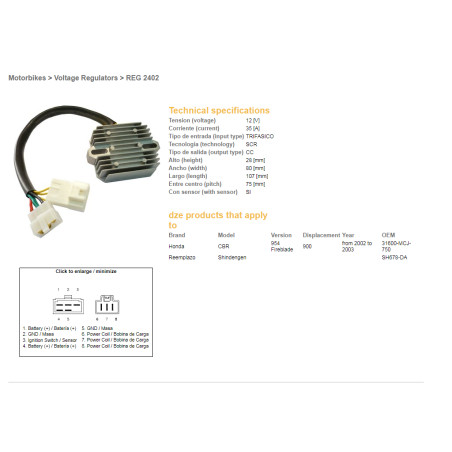 DZE REGULATOR NAPIĘCIA HONDA CBR 900RR '02-'03 (CBR954) (ESR690) (31600-MCJ-750) (SH678DA) (35A)
