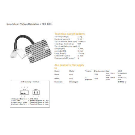 DZE REGULATOR NAPIĘCIA HONDA CBR 1100XX '99-'00 (31600-MAT-E01) (SH579C-12) (ESR684)