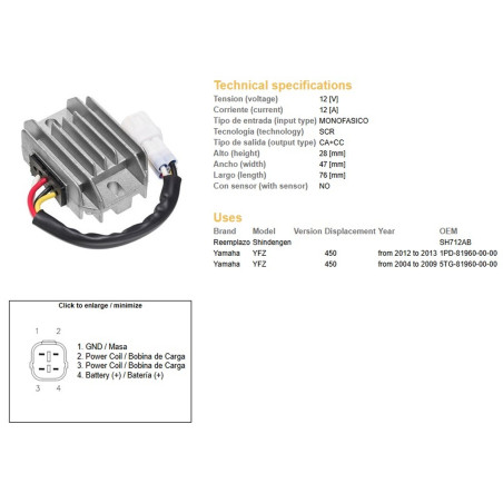 DZE REGULATOR NAPIĘCIA YAMAHA YFZ 450 '04-'09; YFZ 450 '12-'13 (SH712AB) (5TG-81960-00-00) (1PD-81960-00-00) (12A)