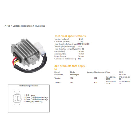 DZE REGULATOR NAPIĘCIA YAMAHA YFZ 450 '04-'09; YFZ 450 '12-'13 (SH712AB) (5TG-81960-00-00) (1PD-81960-00-00) (12A)