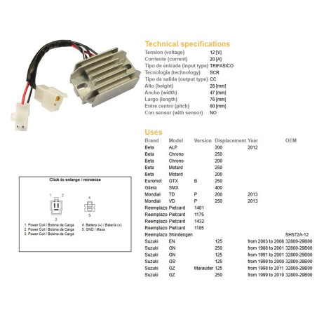 DZE REGULATOR NAPIĘCIA SUZUKI GN 125 '91-'01; GN 250 '88-'01; GS 125 '99-'00; EN 125 '03-'08; BETA (ESR142)