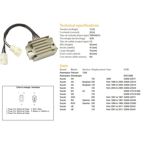DZE REGULATOR NAPIĘCIA SUZUKI AN 125/250 BURGMAN '95-'00; EN 125; GN 125; UE 125/150 '01-'11 12V/20A