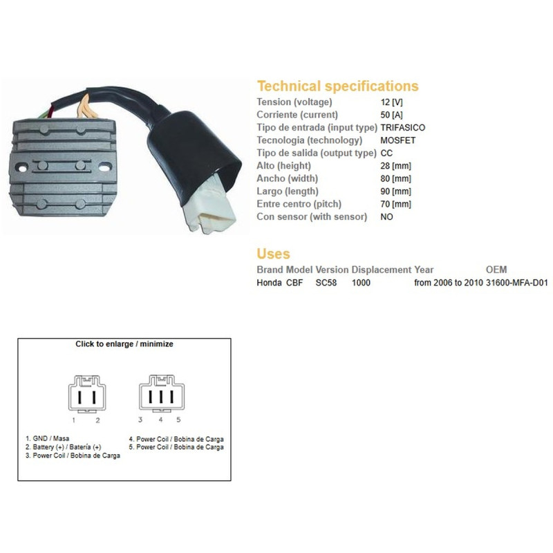 DZE REGULATOR NAPIĘCIA HONDA CBF 1000 '06-'10 (SC58) (31600-MFA-D01) MOSFET (50A)
