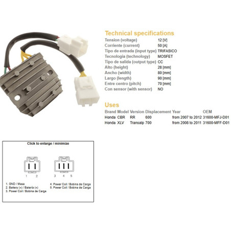 DZE REGULATOR NAPIĘCIA HONDA CBR 600RR '07-'12; XL 700V TRANSALP '08-'11 (50A) (31600-MFJ-D01)