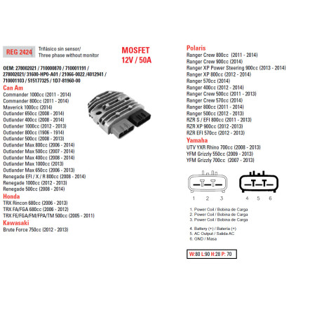 DZE REGULATOR NAPIĘCIA CAN-AM 400/500/650/800/1000; HONDA TRX 500/650/680; KAWASAKI KVF 750 12-13; POLARIS
