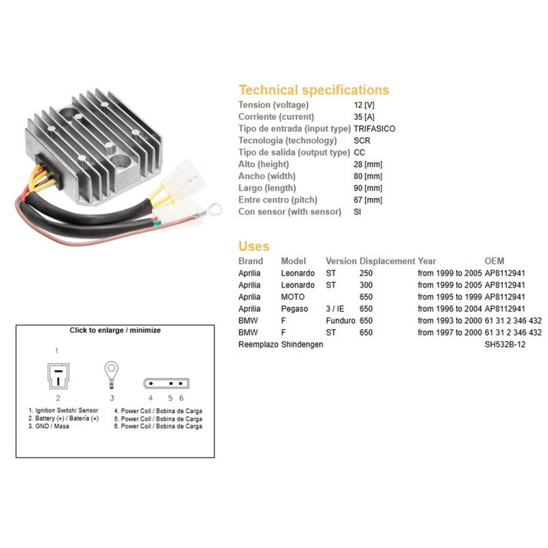 DZE REGULATOR NAPIĘCIA BMW F 650F/ST '93-'00; APRILIA 650 PEGASO '96-04; LEONARDO 250/300ST '99-'05 DZE REGULATOR NAPIĘCIA BMW F 650F/ST '93-'00; APRILIA 650 PEGASO '96-04; LEONARDO 250/300ST '99-'05
