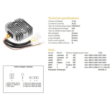 DZE REGULATOR NAPIĘCIA BMW F 650F/ST '93-'00; APRILIA 650 PEGASO '96-04; LEONARDO 250/300ST '99-'05