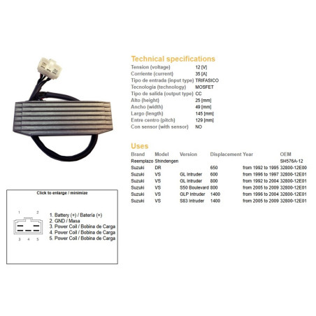 DZE REGULATOR NAPIĘCIA SUZUKI DR 650 '92-'95; VS 600 INTRUDER '96-'97; VS 800 INTRUDER '92-'04; VS 800 BOULEVARD