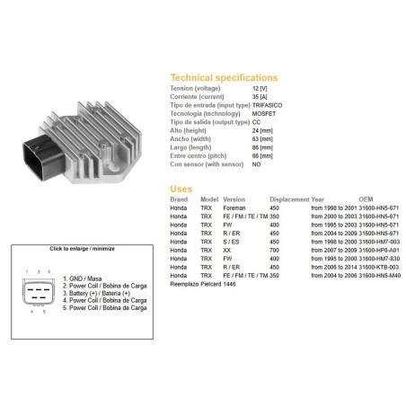 DZE REGULATOR NAPIĘCIA HONDA TRX 350FE/FM/TE/TM '00-06; TRX 400FW '95-'03; TRX 450 FOREMAN '98-'14 (ESR583)