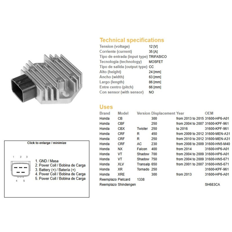 DZE REGULATOR NAPIĘCIA HONDA CB 300 '13-'15; CBF 250 '04-'07; CRF 250/450R '09-'12; VT 700 SHADOW '04-'09; VT 750