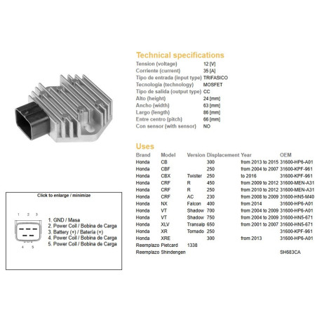 DZE REGULATOR NAPIĘCIA HONDA CB 300 '13-'15; CBF 250 '04-'07; CRF 250/450R '09-'12; VT 700 SHADOW '04-'09; VT 750