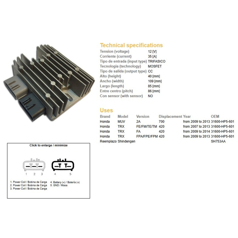 DZE REGULATOR NAPIĘCIA HONDA TRX 420FE/FM/TE/TM '07-'14; MUV 700 '09-'13 (35A) (31600-HP5-601) (SH753AA) (ESR318)