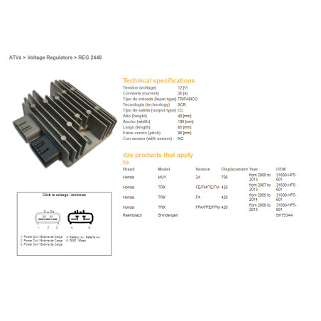DZE REGULATOR NAPIĘCIA HONDA TRX 420FE/FM/TE/TM '07-'14; MUV 700 '09-'13 (35A) (31600-HP5-601) (SH753AA) (ESR318)