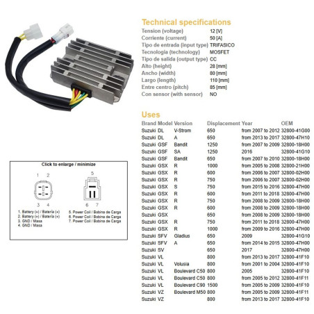 DZE REGULATOR NAPIĘCIA SUZUKI GSF 650/1250 BANDIT '07-'10; GSX 600/750/1000R/S '05-'18; DL 650 V-STROM '07-17; SV 650
