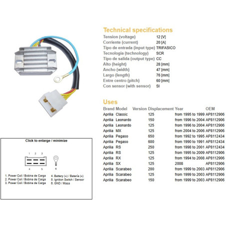 DZE REGULATOR NAPIĘCIA APRILIA PEGASO 600/650 '90-'95; RS 125/250 '95-'09; RX 125 '94-'08; LEONARDO; SCARABEO (ESR087)