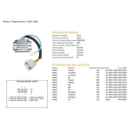 DZE REGULATOR NAPIĘCIA APRILIA PEGASO 600/650 '90-'95; RS 125/250 '95-'09; RX 125 '94-'08; LEONARDO; SCARABEO (ESR087)