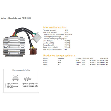 DZE REGULATOR NAPIĘCIA APRILIA RSV 1000R TUONO '02-'05; RSV 1000SP/R '98-'03; SL 1000 FALCO '00-'02 (35A) 7 KABLI