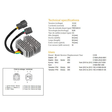 DZE REGULATOR NAPIĘCIA YAMAHA YFM 300 GRIZZLY '12-'13; KYMCO MXU 450 '10-'12 (1SC-H1960-00-00, 1SC-H1960-01-00)