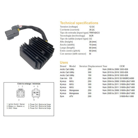 DZE REGULATOR NAPIĘCIA KYMCO MXU 150/250/300 '04-'11; CAN AM DS 250 '06-'15; ARCTIC CAT 150/250/300 '06-'19 (35A)