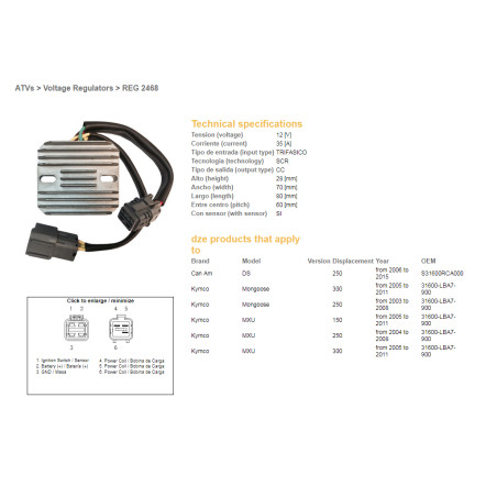 DZE REGULATOR NAPIĘCIA KYMCO MXU 150/250/300 '04-'11; CAN AM DS 250 '06-'15; ARCTIC CAT 150/250/300 '06-'19 (35A)