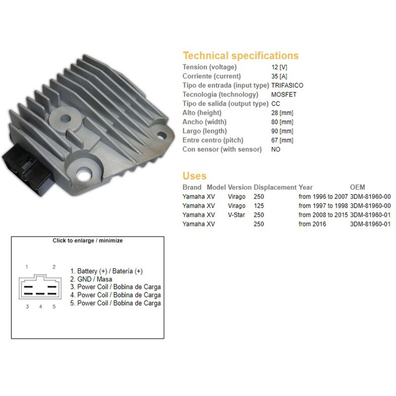 DZE REGULATOR NAPIĘCIA YAMAHA XV 125 VIRAGO '97-'98; XV 250 VIRAGO '96-'07; XV 250 V-STAR '08-'15 (3DM-81960-00)