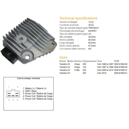 DZE REGULATOR NAPIĘCIA YAMAHA XV 125 VIRAGO '97-'98; XV 250 VIRAGO '96-'07; XV 250 V-STAR '08-'15 (3DM-81960-00)