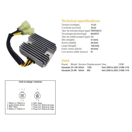 DZE REGULATOR NAPIĘCIA KAWASAKI ZX-9R '00-'03; ZX 12R '00-'03 (35A) (21066-1119) (ESR516)