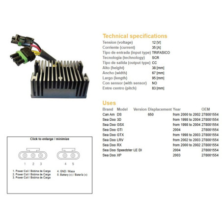 DZE REGULATOR NAPIĘCIA CAN-AM DS 650 '00-'02; SEA DOO 3D/GSX/GTX/RX/XP/LRV '98-'04 (OEM 278001554) (35A)