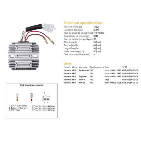 DZE REGULATOR NAPIĘCIA YAMAHA YFB 250 TIMBERWOLF '94-'96; YFM 350 BIG BEAR '95-'96; YFM 400 KODIAK '92-'95